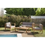 HALICE - SALON DE JARDIN EN BOIS TECK - 1 canapé 2p. , 2 fauteuils coussins waterproof et table basse rectangulaire 110x60 cm