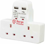 2 Way Gang Plug 13A Wall Socket Adaptor 2x USB Charge Ports 2.4A Surge Protected