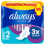 always Sanitetsbindor med vingar Ultra Long månadsförpackning, 96 bindor (3 förpackningar x 32 stycken)