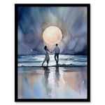 You Me And The Full Moon Watercolour Painting Orange Blue Couple Dancing Under A Full Moon In A Serene Coastal Landscape Romantic Bedroom Art Art Prin