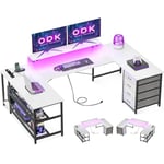 ODK Bureau avec Tiroirs, Bureau d'angle Réversible avec Multiprise, Bureau Gaming avec LED et Support pour Moniteur pour Bureau à Domicile, 167×102 cm, Blanc