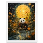 Artery8 Harvest Moon Panda Landscape Oil Painting Panda Bear in a Wildflower Meadow with Flowing Stream Kids Bedroom Artwork Framed A3 Wall Art Print