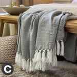 Luxury Soft Wool Feel Dark Charcoal Grey Blanket Sofa Bed Throw Fringe Abstract