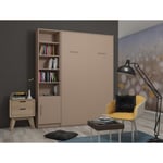 Composition armoire lit escamotable SMART-V2 Taupe mat Couchage 160 x 200 cm colonne bibliothèque