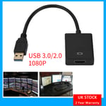 Usb 3.0/2.0 To Hdmi 1080p Audio Video Adaptor Converter Cable For Pc Laptop Hdtv