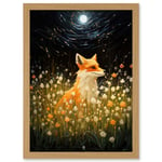 Watching the Fireflies Dance Happy Fox over a Wildflower Meadow Oil Painting Orange White Blue Full Moon Spring Night Dreamy Landscape Artwork Framed