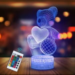 Ours Veilleuse 3D Illusion Lampe, Ours en Peluche Veilleuse pour Enfants, Cadeaux pour Femme, Lampe led Illusion 3D, Romantique Lampe Changeantes