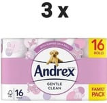 3 x 16 Andrex Gentle Clean Toilet Rolls pack white loo paper 2 ply 48 total uk