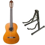 Yamaha C40II Full Size Classical Guitar with 6 Nylon Strings – Thin gloss finish – Natural & RockJam RJGS01 Universal Portable A-frame Guitar Stand for Acoustic Guitar,Black