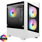 CiT Level 1 White Micro-ATX PC Gaming Case with 3 x 120mm RGB Rainbow Fans Included With Tempered Glass Front and Side Panel