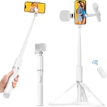 179cm Perche a Selfie, Selfie Stick Trépied avec Télécommande pour iPhone, Smartphones Android et Go Pro Caméras, Trépied Téléphone en Aluminium avec 2 Cold Shoe pour Lumière et Mic, Blanc