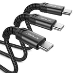 JSAUX 3-Pack USB C to USB C Cable 100W [1+2+3m] Compatible with iPhone 16 15 Pro Max Plus, Samsung Galaxy S24 S23 S22 S21, USBC to USBC Cable USB Type C to C Charger Cable Fast Charge Charging (Black)