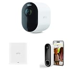 Arlo Ultra 2 4K Ultra HD Outdoor Smart Home Security Camera CCTV System and FREE HD Wireless Video Doorbell 3 Camera House Security Kit, 12 x Zoom, Siren, White, With Free Trial of Arlo Secure Plan