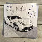 White Cotton Cards wba50 b-Voiture de Course Happy Birthday Brother 50 Carte 50e Anniversaire Faite à la Main Blanc