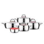 Karaca Emirgan XL Stainless Steel Induction Cookware Set, Pot and Pan Sets with Container, 10 Piece, Silver Red