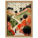 Walk on the Countryside Hill Path Folk Art Oil Painting Red Orange Green Abstract Landscape Artwork Framed Wall Art Print A4