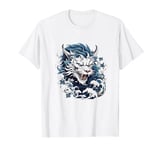 fierce anime blue asian dragon japanese flowers mythical art T-Shirt