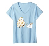 Womens Funny Ghost Walking Dog Spooky Season Halloween Flower Kids V-Neck T-Shirt