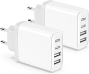 Chargeur Usb C, 2 Pack 40w 4-Port Prise Usbc Replacement For Iphone 15/14/13/12/11 Pro Max Plus/Xs/Xr/8/7/6, Pad, Wallgone Multi Secteur Mural Type C Rapide Charger Alimentation Embout Bloc Adaptateu