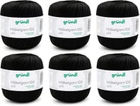 Gründl Laine Häkelgarn 100 (Fil à Crocheter en 100% Coton mercerisé, 100 g / 566 m, Taille d'aiguille : 1,5-2, 6 x 100 g), Noir