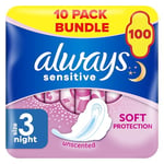 Always Sensitive Ultra Night Sanitary Towels with Wings, Size 3, 100 Towels (10 x 10 Packs), Saving Box, Odour Neutraliser, Super Absorbent Core