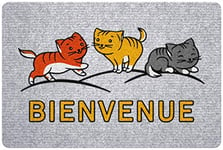 ID MAT 4060 Grey Flock Cats“Bienvenue” [Text in French] Welcome Door Mat Polypropylene Fibre 60 x 40 x 0.6 cm