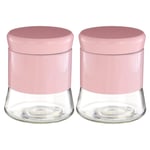 Set Of 2 800ml Pink Stainless Steel Glass Coffee Sugar Tea Canister Storage Jar