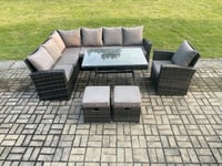 High Back Rattan Corner Sofa Set Outdoor Furniture Rectangular Dining Table 2 Small Footstools 9 Seater