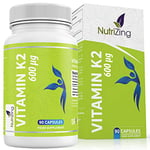 Vitamine K2 MK7 à fort dosage, certifiée - 600 mcg Menaquinone - 90 Gélules - All-trans MK-7 - Sans gluten, sans stéarate de magnésium de NutriZing