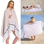 DEMMEX 100% Turkish Cotton Beach Towel - Oversized, Quick Dry, Sand Free, Compact, Thin, Lightweight - Turkish Hammam Peshtemal Beach Towel Blanket, Made in Turkey, Prewashed, 180x90cm (Beige-Grey)