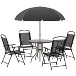 Outsunny Ensemble Salon de Jardin 6 pcs - Table Ronde + 4 chaises Pliables + Parasol - Acier époxy café textilène Polyester Noir