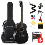 Donner Acoustic Guitar for Beginner Adult 36'' Dreadnought 3/4 Size Black Guitar Bundle Package Kit Travel, Spruce Wood With Gig Bag Capo Tuner Strap String Guitar Picks DAG-1MB/DAT-110D