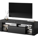 Selsey BIANKO - Meuble TV / Banc TV - 140 cm - marbre noir / front noir - sans LED