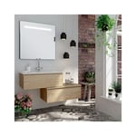 Meuble de salle de bain simple vasque - 2 tiroirs - bambou (chêne clair) - PENA et miroir Led STAM - 120cm