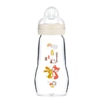 MAM Feel Good Biberon en verre (260 ml), bouteille de lait avec large ouverture, gourde solide pour bébé avec tétine taille 1, dès la naissance, lapin/renard