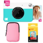 KODAK Printomatic Full-Color Instant Print Camera Starter Bundle + Soft Case + Zink 20pk Photo Paper - Colorful Photos On 2x3" Sticky-Back Paper - Fun Gift for Birthday Christmas Holiday - Blue