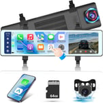 Dashcam Voiture sans Fil avec Carplay sans Fil et Android Auto - Dashcam Retroviseur à IPS de 11,26 Pouces avec Double Caméra Avant et Arrière,Contrôle Vocal,Bluetooth,FM AUX+ Carte 64GB(Q142)