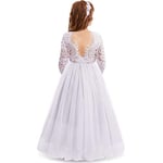 IWEMEK Cils Dos Nu V-Back Dentelle Tulle Maxi Robe Manche Longue Fille Mariage Honneur Robes de Bal Ceremonie Première Communion Soirée Anniversaire Fête Robes pour Enfants Blanc 13-14 Ans