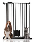 Bettacare Pet Gate with Lockable Cat Flap, 75cm - 84cm, Black, 104cm in Height, Extra Tall Dog Safety Barrier with Cat Flap, Easy Installation