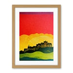 Wee Blue Coo Modern Edinburgh Castle Vibrant Rainbow Colour Sunset Scottish Cityscape Coral Yellow Green Blue Artwork Framed Wall Art Print 18X24 Inch