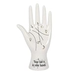 Modern White Ceramic Palmistry Hand Ornament - 19.5cm x 10.5cm (1 Pc.) - Chic Design with Metallic Gold Astrology Symbols, 'Your Fate is in Your Hands' Text, Versatile for Holding Rings & Accessories