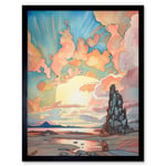 Atmospheric Clouds Over Mono Lake at Dawn Lakeside Rock Landscape Modern Watercolour Painting Art Print Framed Poster Wall Decor 12x16 inch