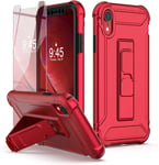 Oretech Coque Pour Iphone Xr Avec [2 Verre Trempé Protection Écran] Et [Support Béquille],2 En 1 Antichoc Coque Iphone Xr Anti-Rayure Pc Rigide Tpu Souple Etui Pour Iphone Xr Coque 6,1''rouge