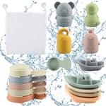 BIQIQI Jouet Bain Bébé, 16 Pièces Jouets de Bain Jouets à Presser Sensoriels avec Bateaux Empilables et Cuillère, Jeux de Bain Jouets de Douche de Bébé Amusants Jouets Flottants pour Bebe Enfant