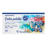 Clairefontaine 975953C - Bloc Encollé Cartes Postales Aquapad - 20 Feuilles Papier Aquarelle Blanc Grain Moyen Fin 7,5x14,8 cm 300g - Idéal pour les Artistes Globe-trotteurs