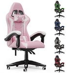 bigzzia Chaise Bureau Chaise Gaming Ergonomique en PU Cuir, Hauteur Réglable, avec Coussin Lombaire et Appui-Tête, Fauteuil Gamer Confortable pour Adultes, Filles et Garçons (Blanc et Rose)