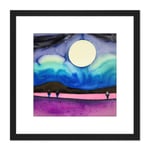 Modern Watercolour Night Harvest Moon Landscape Square Wooden Framed Wall Art Print Picture 8X8 Inch