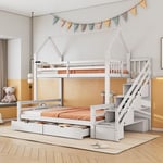 Dans Les Nuages - Lit superposé 90x200cm/140x200cm, avec 2 tiroirs, escalier de rangement, sommiers à lattes en pin, lit enfant - blanc - Blanc