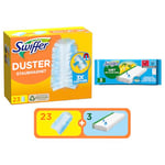 Swiffer Kit Recharge Plumeau et Balai, Inclus 23 Recharges Duster Plumeau et 3 Lingettes Humides Balais Swiffer, Attrape Et Retient 3 Fois Plus De Cheveux Et Poussière Qu’un Plumeau Ordinaire