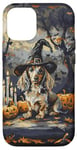 iPhone 14 Pro Funny Blue and Cream Dachshund Dog Witch Hat Halloween Men Case